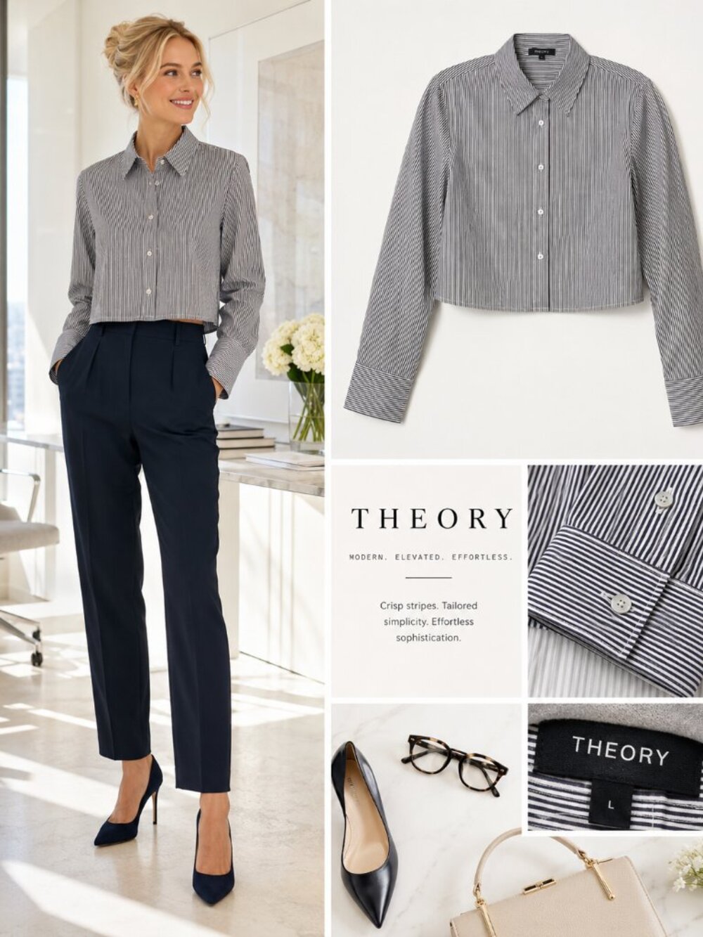 Theory Cropped Classic Striped Cotton Button-Down Shirt Size L
